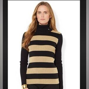 Lauren Ralph Lauren Black Gold Metallic Stripe Ribbed Turtleneck Sweater L